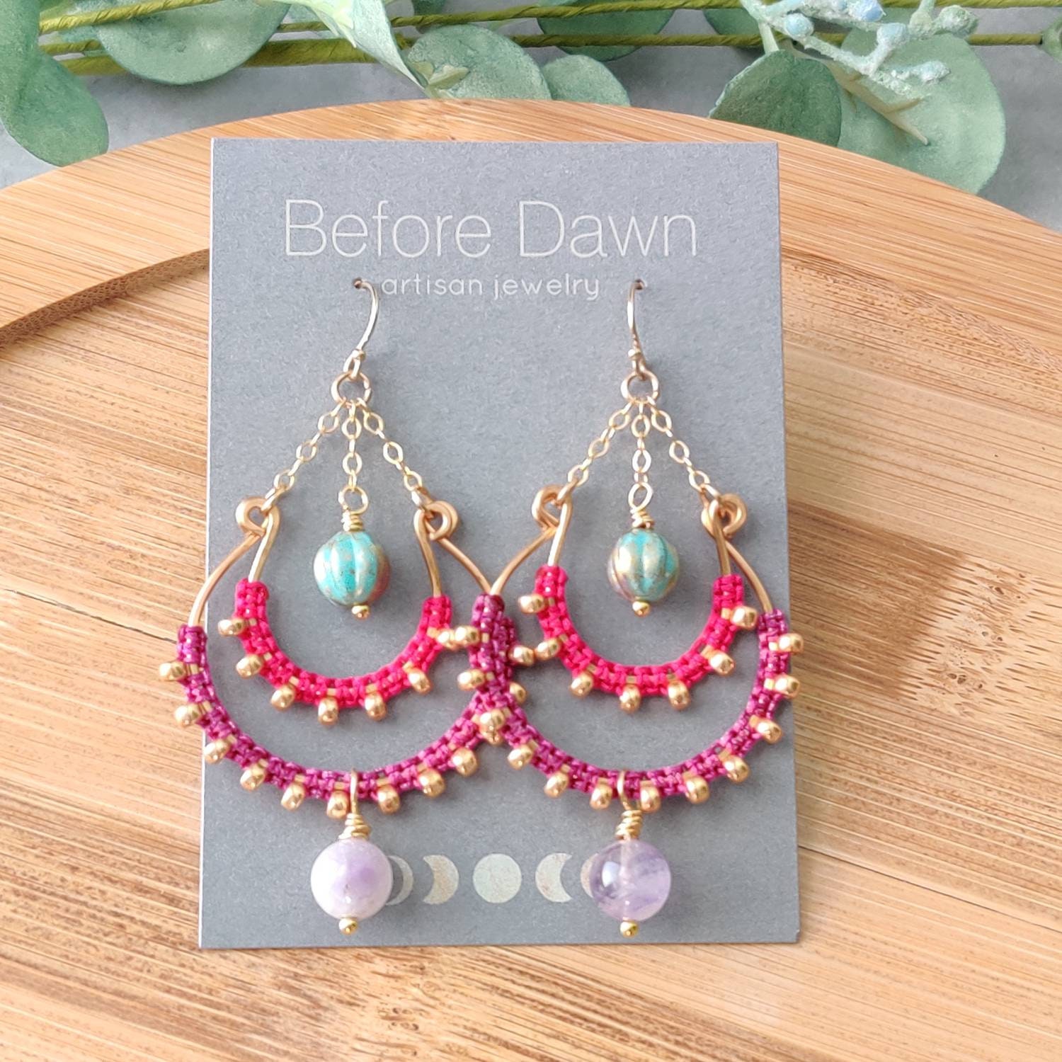 Boho Macrame Chandelier Earrings Fuchsia and Plum With Amethyst