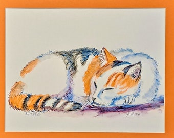 Original Watercolor Painting, Sleeping Calico Cat Art, Matted 16x20