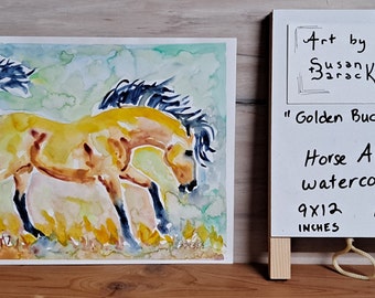 Golden Buckskin Horse, Mustang, original Horse art, watercolor horse painting, 9x12 inch, w/ 6 notecards, horse lover gift, equestrian HBKA