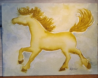 YELLOW HORSE PAINTING, fantasy horse art, abstract horse art, colorful horse, original horse art, 9x12 horse painting, horse watercolor, H2