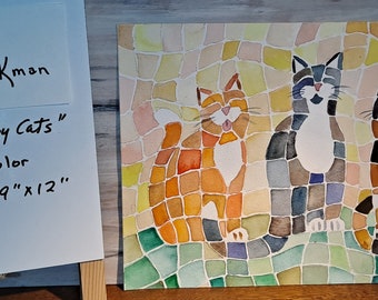 3 HAPPY CATS, 9"x12" watercolor painting, Cat Lover Gift, calico cats, abstract cat art, cubist style art,  notecards, cat lady gift, C4