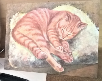 3 Note Cards, GINGER CAT NAPPING, A2 card, Orange Cat Art, Ginger Cat Stationery, Blank greeting card, Orange Tabby Cat, cat lady gift, cat