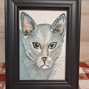 Original Cat Art original painting, GRAY CAT, 5x7 inch, watercolor in black frame, cat lover gift, cat lady gift