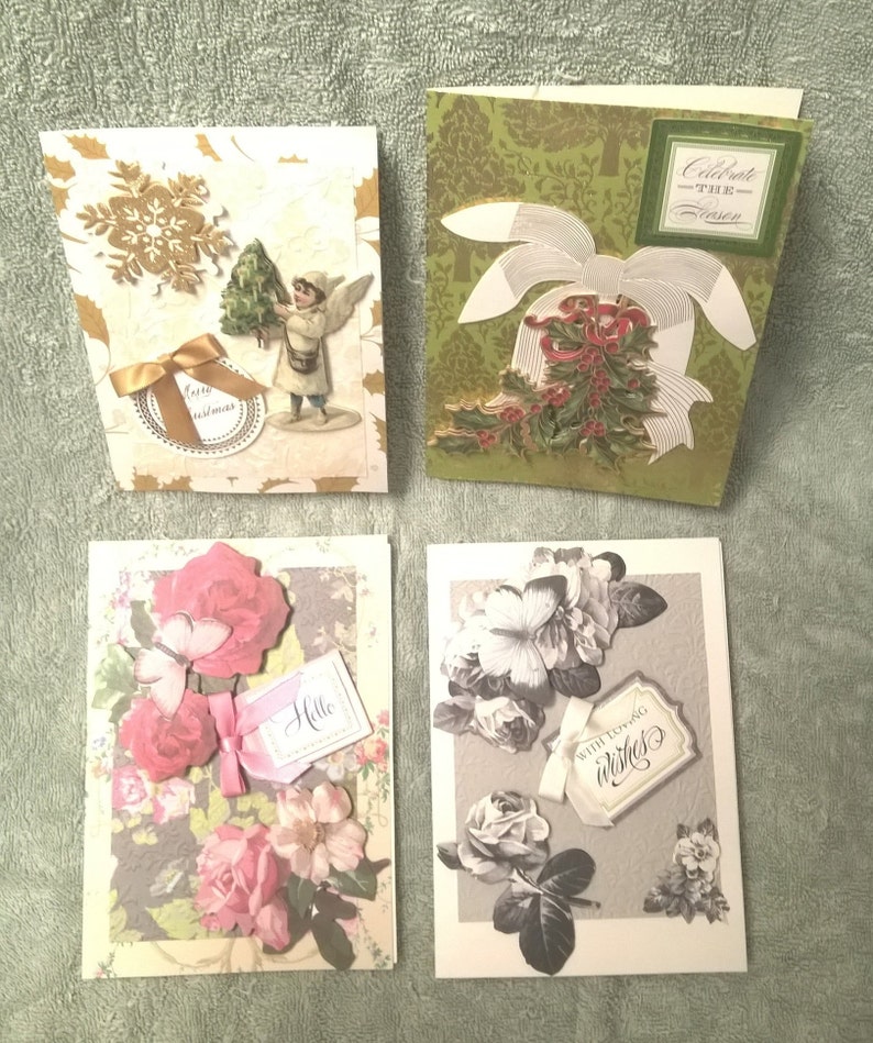 Set of 4 w envelopes vintage style cards floral /& Christmas cards custom Designed Greeting Cards Handmade 3D greeting cards butterflies