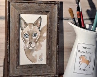 SIAMESE CAT WATERCOLOR, Miniature painting 4x6 inches, wood frame, original watercolor painting, cat art, cat lover gift, Bogo, cat lady #73