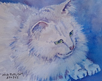 WHITE FLUFFY CAT, 9x12 inch  watercolor painting, Cat Lover Gift, angora cat, persian cat, cat art notecards, fluffy cat, cat lady gift, #19