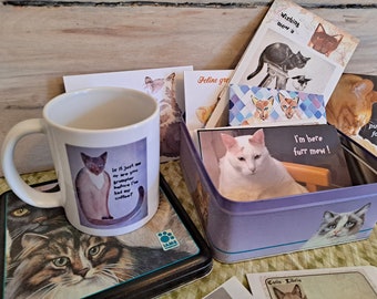 Valentine CAT LOVER GIFT Greeting Cards %Coffee Mug Gift Set in Tin Box, cat love, notecards, note paper, book plates, stickers, cat lady