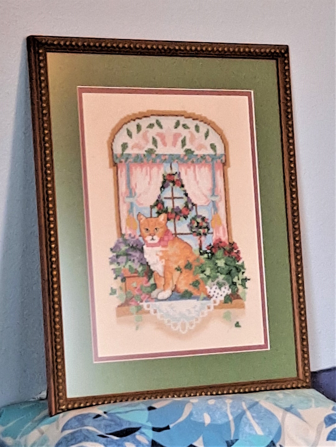 Vintage NEEDLEPOINT or EMBROIDERED CAT, Cat Art Needlework, Framed