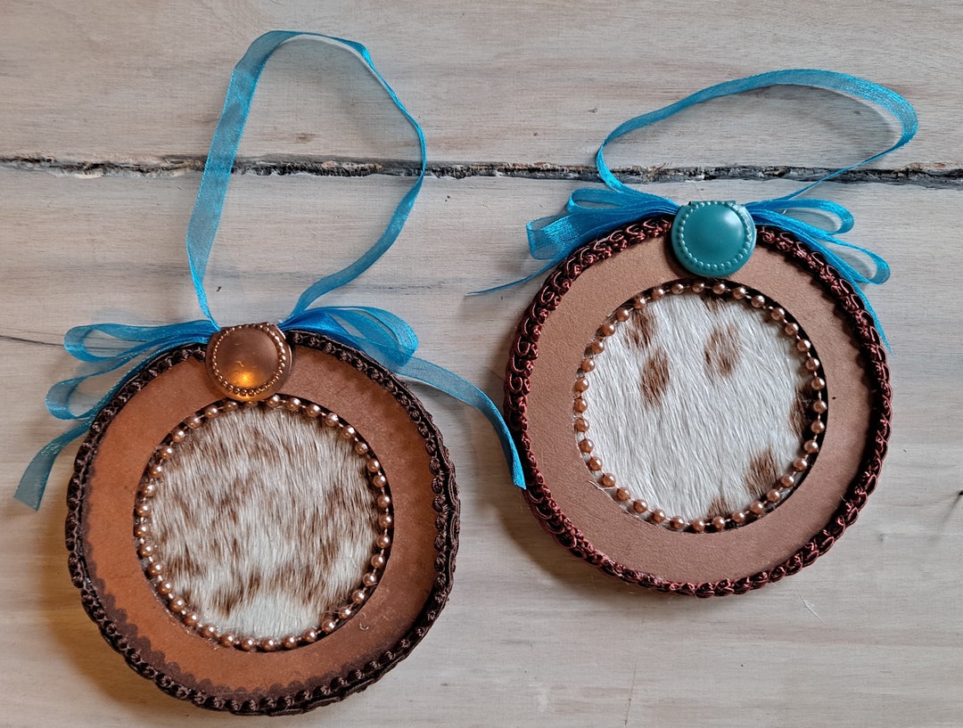 Western Themed COWHIDE ORNAMENTS, Hair on Hide, Cowhide Ornament