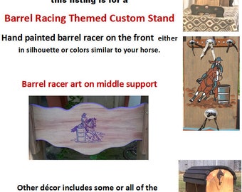 BARREL RACING THEMED Saddle Stand, mADE tO oRDER, Custom design Saddle Stand, Conchos,  Leather Decor, metal star,  bridle hook, cowboy gift