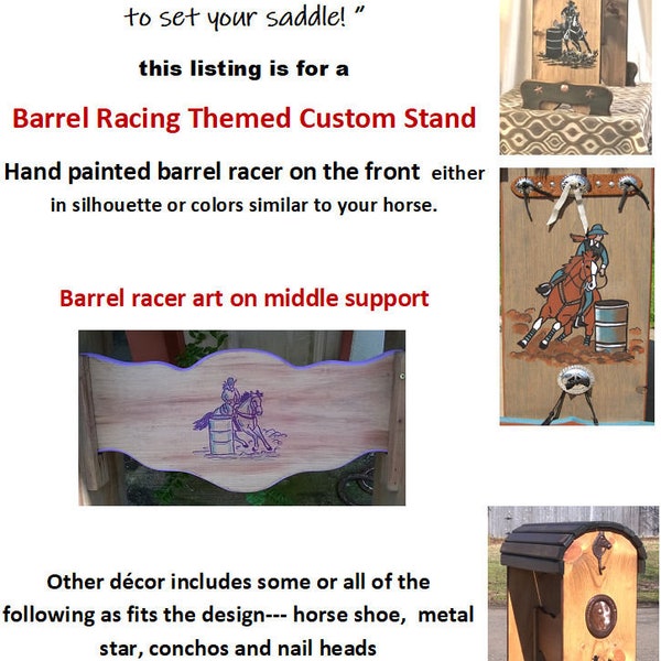 BARREL RACING THEMED Saddle Stand, mADE tO oRDER, Custom design Saddle Stand, Conchos,  Leather Decor, metal star,  bridle hook, cowboy gift
