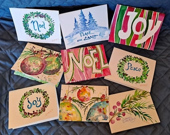 10 CHRISTMAS CARDS, Grab Bag Selection, original watercolor, hand made,  Christmas Tree, ornaments, joy, peace, holiday cards, w/ envelopes,