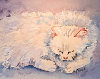 WHITE PERSIAN CAT, 9x12 inch  watercolor painting, Cat Lover Gift, angora cat, persian cat, cat art notecards, fluffy cat, cat lady gift, C8