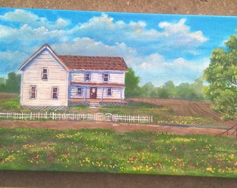 Nostalgic country painting, Old country House, Granny's house, 12x24 inch acrylic painting,  farm scene, abandoned house, old memories