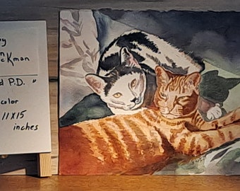 2 SLEEPING CATS, 11" X 15" Realistic cat art, watercolor painting, Cat Lover Gift, orange cat, plus 6 matching notecards, cat lady gift C5