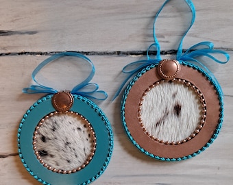 Cowhide Christmas Ornaments 2pc Set, Round Leather Hair on Hide, Western Christmas Ornaments, horse lover christmas, cowboy, BLUE EDGING