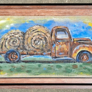 OLD RUSTY TRUCK, original acrylic painting in frame, nostalgic rusty truck, vintage truck, hay on truck,  automotive art, automobile art