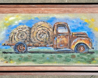 OLD RUSTY TRUCK, original acrylic painting in frame, nostalgic rusty truck, vintage truck, hay on truck,  automotive art, automobile art