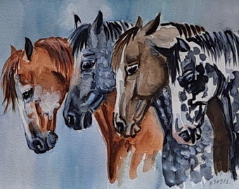 4 Horses, 9x12 watercolor, horse painting, abstract horse art, fantasy horse art, watercolor horse art, cowboy gift, horse lover gift, H16