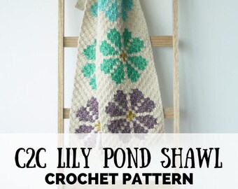 C2C shawl pattern, graphghan pattern, C2C crochet blanket shawl, blanket shawl crochet pattern, crochet shawl pattern, Lily Pond Shawl