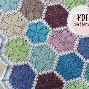 Crochet pattern x Crochet Hexagon Blanket Pattern, English Pdf Pattern, Crochet Blanket Tutorial, lace hexagon crochet pattern image 1