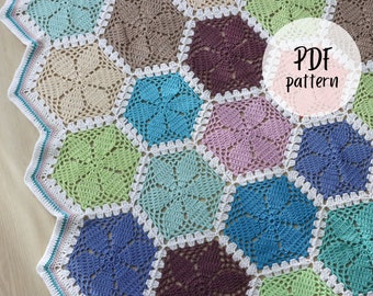 Crochet pattern x Crochet Hexagon Blanket Pattern, English Pdf Pattern, Crochet Blanket Tutorial, lace hexagon crochet pattern