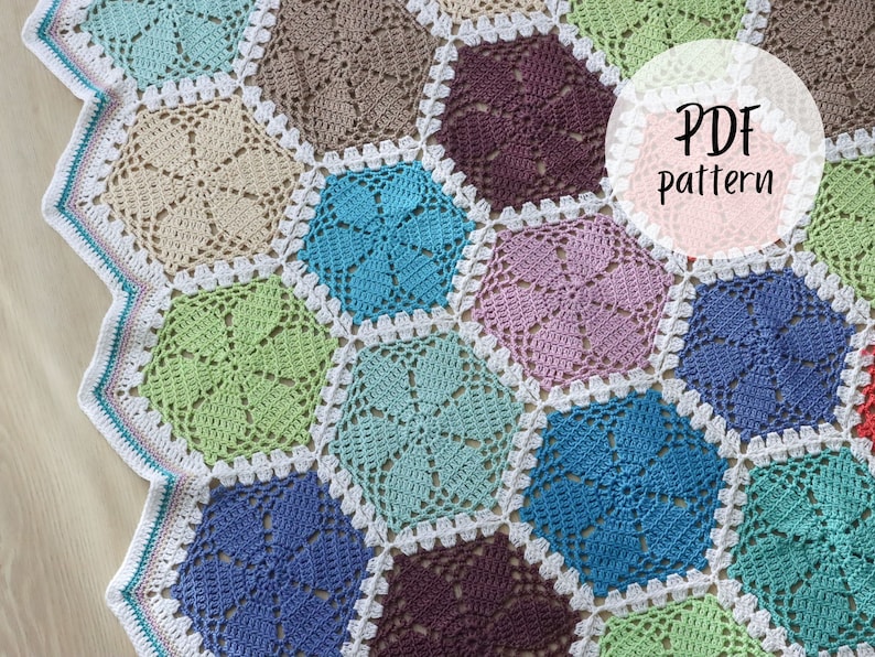 Crochet pattern x Crochet Hexagon Blanket Pattern, English Pdf Pattern, Crochet Blanket Tutorial, lace hexagon crochet pattern image 1