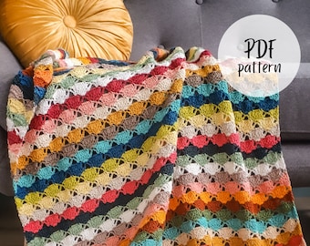 Coperta a scarpa all'uncinetto, modello di coperta di scarto, coperta di filato di scarto, coperta a punto ventaglio, punto a ventaglio all'uncinetto, coperta Majorelle,