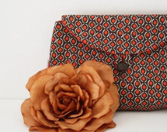 Brown and tangerine clutch, tangerine lining, retro: detachable strap