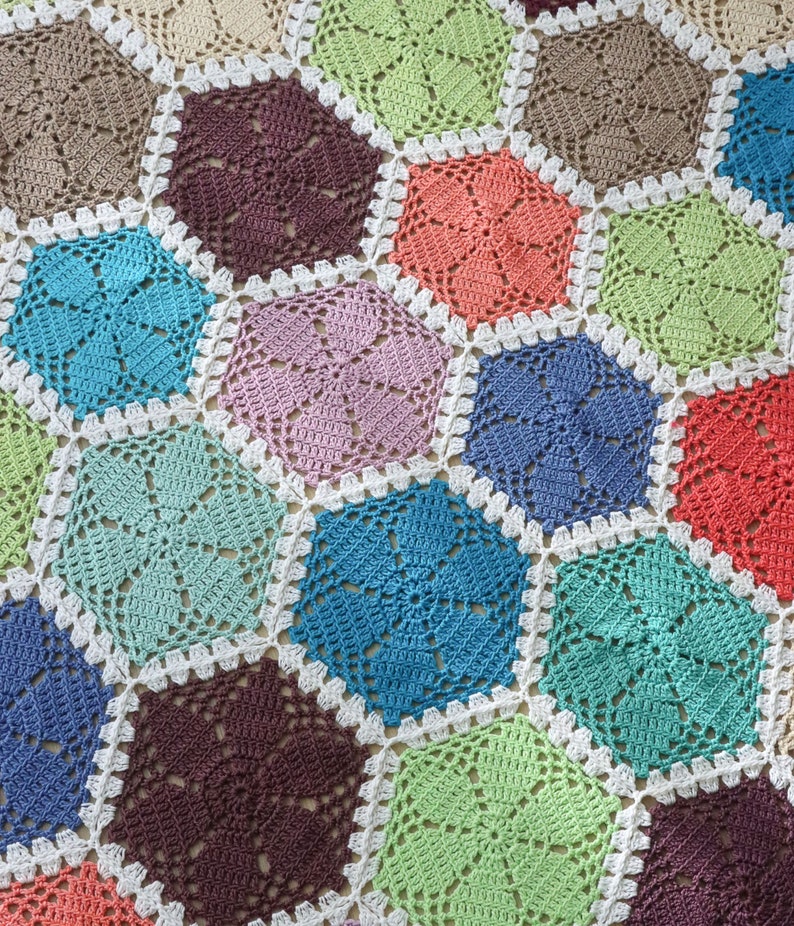 Crochet pattern x Crochet Hexagon Blanket Pattern, English Pdf Pattern, Crochet Blanket Tutorial, lace hexagon crochet pattern image 6