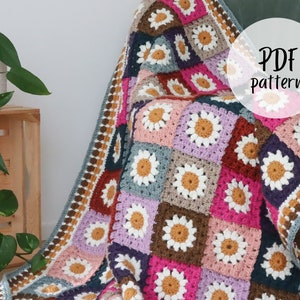 Daisy granny square blanket crochet pattern | Crochet blanket pattern | Granny square blanket crochet pattern