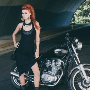 Black moon dress - Little black dress - Black dress with leather - Asymetrical dress