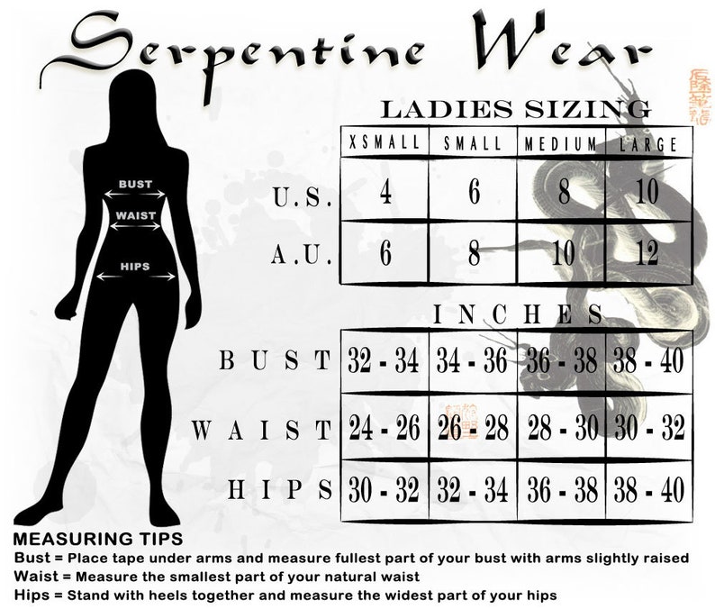 Op de afbeelding: Een witte afbeelding met de tekst "Serpentine Wear" en een maattabel voor dames. De tabel bevat borst-, taille- en heupmaten in inches, met bijbehorende Amerikaanse en Australische maten. Er worden ook meettips gegeven.