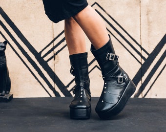 Punk priestess platform boots - Goth boots - Platform boots- Punk Boots -Black leather boots - Studded boots -Womens boots