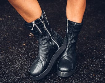 Snake Embossed Black Leather Boots - Women's Zip Up Ankle Boots