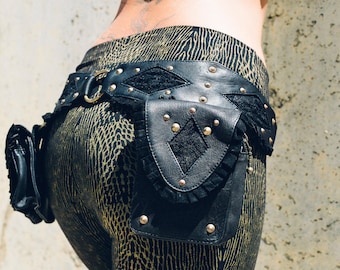 Punk priestess Leather pocket belt - Festival belt - Detatchable pocket belt - Tribal belt - Burning man belt -leather and lace pocket belt