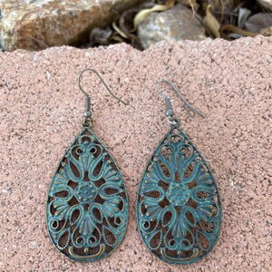 Handmade Large oval Verdigris Patina Copper Green Bronze Drop earrings