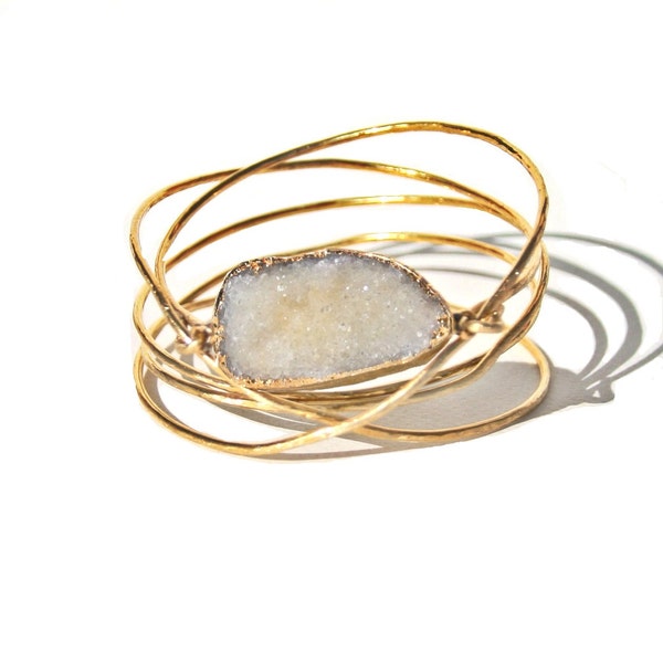 White Druzy and Twisted Gold Bangle Bracelet, Stack of Bangles, Druzy Bracelet