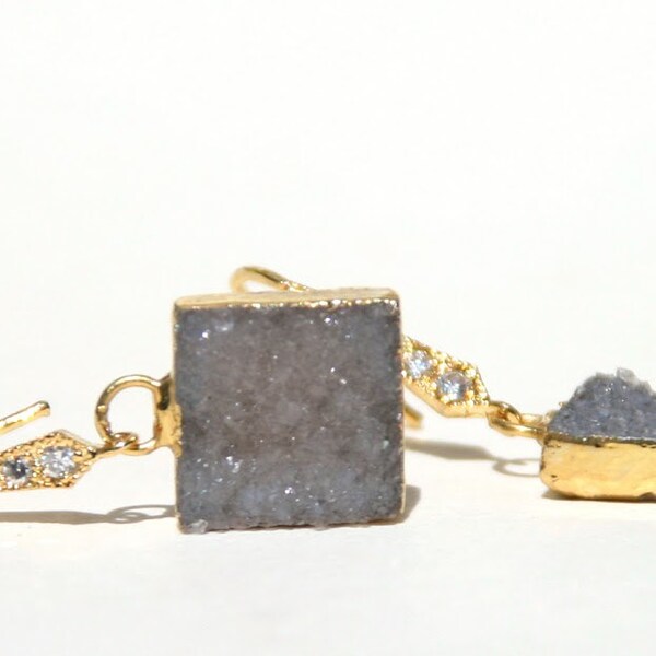 Silvery Grey Druzy Earrings with 24 Karat Gold and Pave Cubic Zirconias