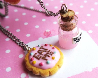 Eat me Drink me Alice in Wonderland Friendship necklaces - food jewelry, alice in wonderland necklace, cookie necklace, friendship gift
