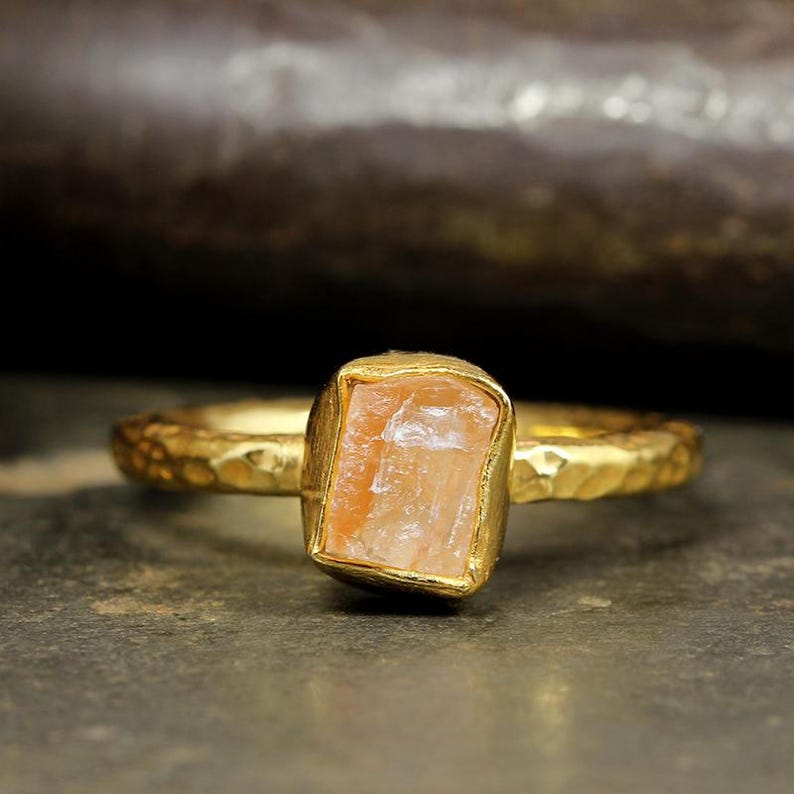 Raw Aragonite Natural Gemstone Rough Handcrafted Hammered Stack 24K Yellow Gold over 925 Sterling Silver Stack Designer Stackable Ring
