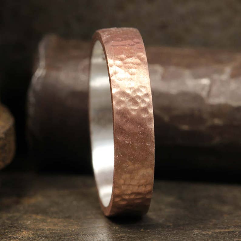 FREE Sizing /& Engraving 5mm Hand Forged Hammered 18K Rose Gold over 925 Sterling Silver Handcrafted Flat Pipe Cut Thick Wedding Band Ring