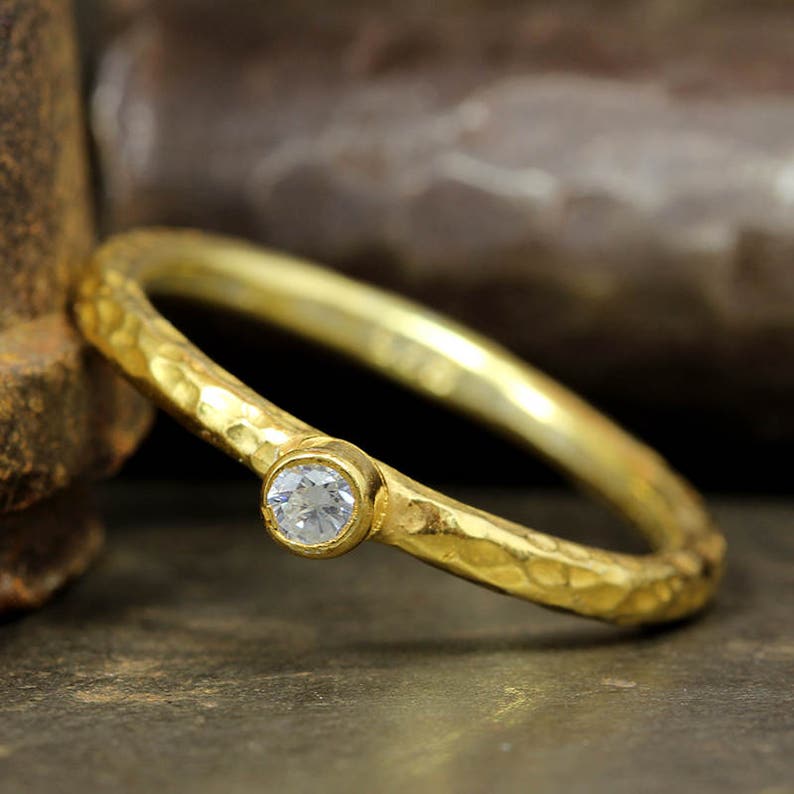 Hammered Artisan 24K Yellow Gold over 925 Sterling Silver Clear Cubic Zirconia Solitaire Stack Stackable Stacking Minimalist Birthstone Ring