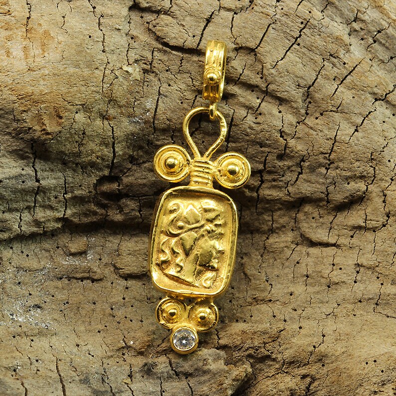 Greek Art Pendant 24K Yellow Gold Cubic Zirconia Stone Handmade Handcrafted Artisan Granulated Jewelry 925 Sterling Silver Ancient Roman
