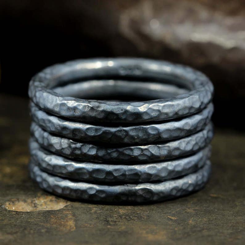 Set of Five Handcrafted Artisan Hammered Oxidized over 925 Sterling Silver Stacking Set Wedding Band Stackable Designer Rings Blackened