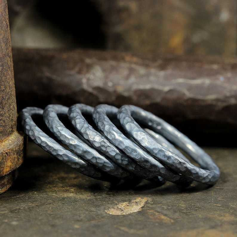 Set of Five Handcrafted Artisan Hammered Oxidized over 925 Sterling Silver Stacking Set Wedding Band Stackable Designer Rings Blackened
