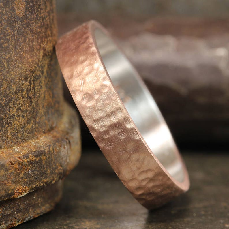FREE Sizing /& Engraving 5mm Hand Forged Hammered 18K Rose Gold over 925 Sterling Silver Handcrafted Flat Pipe Cut Thick Wedding Band Ring