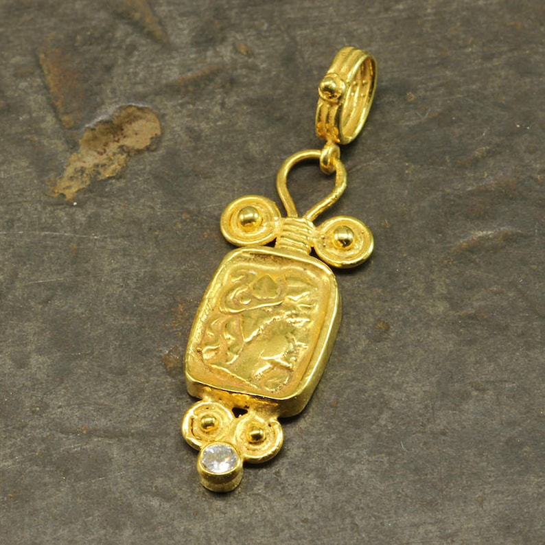 Greek Art Pendant 24K Yellow Gold Cubic Zirconia Stone Handmade Handcrafted Artisan Granulated Jewelry 925 Sterling Silver Ancient Roman