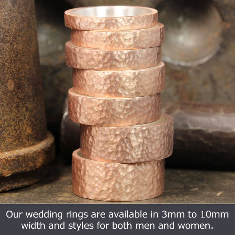 FREE Sizing /& Engraving 5mm Hand Forged Hammered 18K Rose Gold over 925 Sterling Silver Handcrafted Flat Pipe Cut Thick Wedding Band Ring
