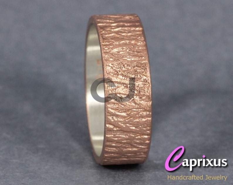 18K Rose Gold Vermeil over Solid Sterling Silver Thick Wedding Band 6mm Handcrafted Wood Bark Tree Bark Texture Ring FREE Engraving